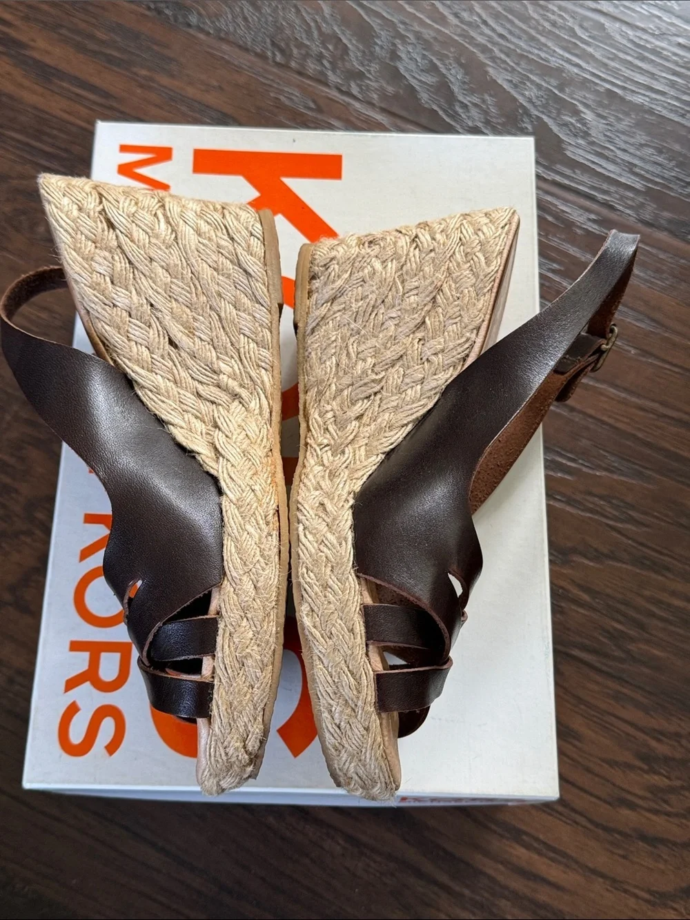 Michael Kors Dark Brown Leather Espadrille Wedge Sandals